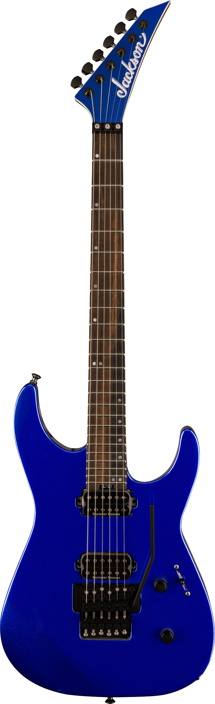 The image shows a Jackson electric guitar in cobalt blue with a glossy finish. It features a solid double-cutaway body, pointed headstock with white Jackson logo, dark rosewood fretboard with dot inlays, two humbucker pickups, Floyd Rose tremolo bridge, six tuning pegs, volume and tone knobs, and a 3-way pickup selector. This model resembles a Jackson Soloist, designed for rock and metal styles.