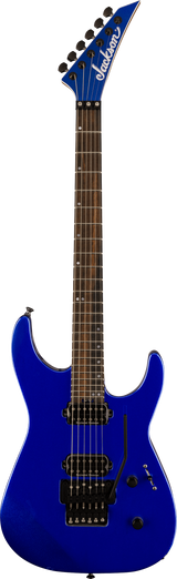 The image shows a Jackson electric guitar in cobalt blue with a glossy finish. It features a solid double-cutaway body, pointed headstock with white Jackson logo, dark rosewood fretboard with dot inlays, two humbucker pickups, Floyd Rose tremolo bridge, six tuning pegs, volume and tone knobs, and a 3-way pickup selector. This model resembles a Jackson Soloist, designed for rock and metal styles.