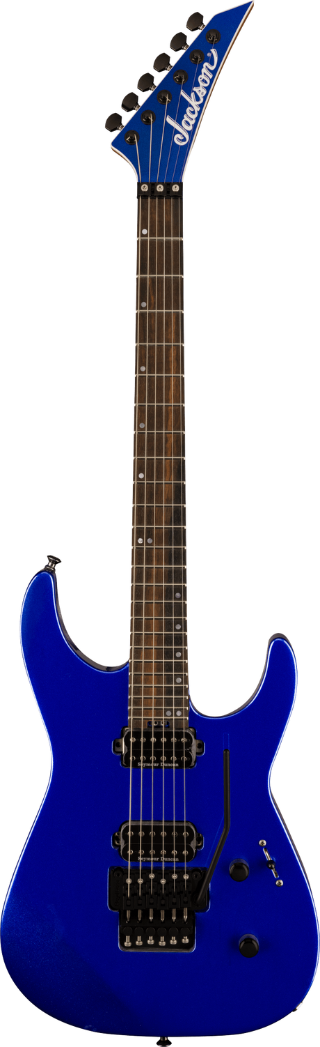 The image shows a Jackson electric guitar in cobalt blue with a glossy finish. It features a solid double-cutaway body, pointed headstock with white Jackson logo, dark rosewood fretboard with dot inlays, two humbucker pickups, Floyd Rose tremolo bridge, six tuning pegs, volume and tone knobs, and a 3-way pickup selector. This model resembles a Jackson Soloist, designed for rock and metal styles.