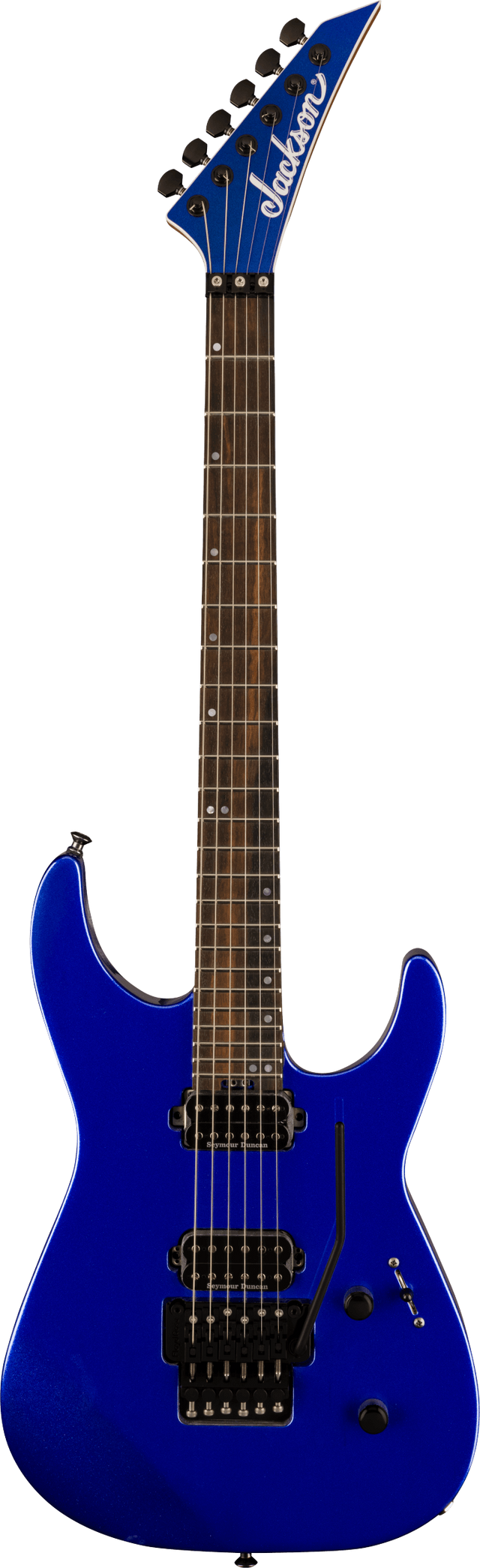 The image shows a Jackson electric guitar in cobalt blue with a glossy finish. It features a solid double-cutaway body, pointed headstock with white Jackson logo, dark rosewood fretboard with dot inlays, two humbucker pickups, Floyd Rose tremolo bridge, six tuning pegs, volume and tone knobs, and a 3-way pickup selector. This model resembles a Jackson Soloist, designed for rock and metal styles.