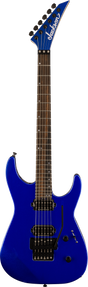 The image shows a Jackson electric guitar in cobalt blue with a glossy finish. It features a solid double-cutaway body, pointed headstock with white Jackson logo, dark rosewood fretboard with dot inlays, two humbucker pickups, Floyd Rose tremolo bridge, six tuning pegs, volume and tone knobs, and a 3-way pickup selector. This model resembles a Jackson Soloist, designed for rock and metal styles.
