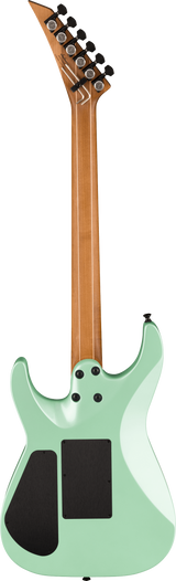The image shows the back view of a solidbody electric guitar with a glossy mint green finish. It features a natural wood neck with a pointed headstock, six black tuning pegs in a 6-in-line arrangement, and a likely brand logo on the headstock. The body has black pickup cavities and a contoured shape typical of a superstrat-style guitar, suggesting a modern design for amplified play in various music genres.