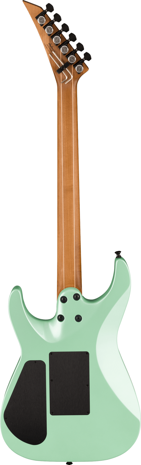 The image shows the back view of a solidbody electric guitar with a glossy mint green finish. It features a natural wood neck with a pointed headstock, six black tuning pegs in a 6-in-line arrangement, and a likely brand logo on the headstock. The body has black pickup cavities and a contoured shape typical of a superstrat-style guitar, suggesting a modern design for amplified play in various music genres.