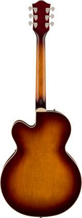 The image shows the back of an acoustic guitar with a curved figure-8 body, a wooden neck, and a headstock featuring 6 tuning pegs (3 per side). It has a sunburst finish, transitioning from dark reddish-brown edges to a lighter amber center, light-colored binding, and visible wood grain on the back panel. The guitar appears to be made from quality woods like spruce and mahogany, highlighting its classic design and natural wood texture.