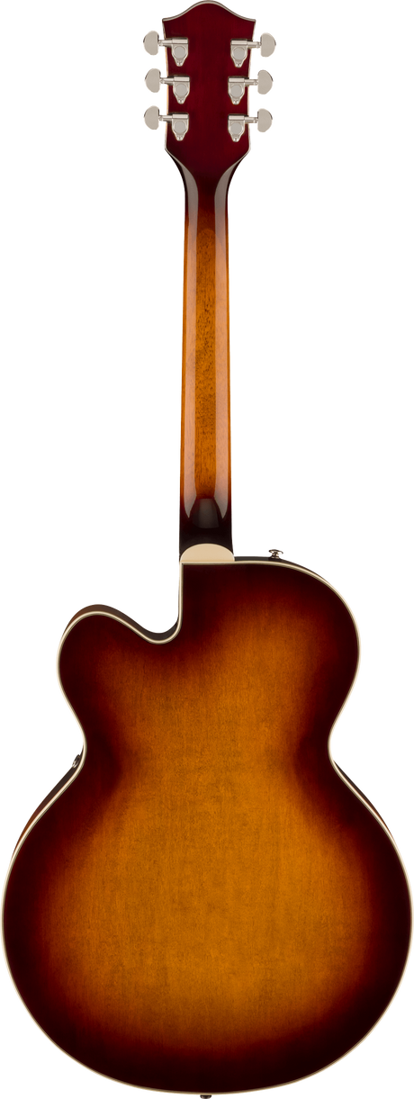 The image shows the back of an acoustic guitar with a curved figure-8 body, a wooden neck, and a headstock featuring 6 tuning pegs (3 per side). It has a sunburst finish, transitioning from dark reddish-brown edges to a lighter amber center, light-colored binding, and visible wood grain on the back panel. The guitar appears to be made from quality woods like spruce and mahogany, highlighting its classic design and natural wood texture.