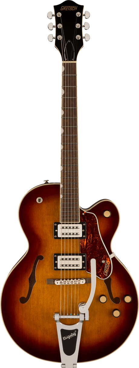 The image shows a Gretsch hollow body electric guitar with a sunburst finish and f-holes. It features two Filter'Tron style humbucking pickups, a Bigsby vibrato tailpiece, chrome hardware, and multiple control knobs. The dark headstock displays a gold "GRETSCH" logo with six chrome tuners. Additional details include a bound rosewood fretboard, tortoiseshell pickguard, and white body binding, showcasing Gretsch’s classic vintage design.