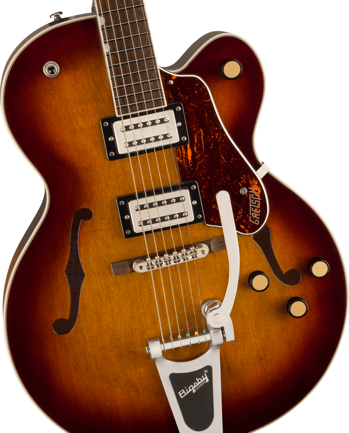 The image shows a beautiful Gretsch hollow-body electric guitar with a sunburst finish, prominent f-holes, and two chrome humbucker pickups. It features a Bigsby vibrato tailpiece, tortoiseshell pickguard with the Gretsch logo, traditional archtop bridge, multiple control knobs, and a rosewood fretboard with block inlays. This professional-quality instrument is known for its warm tone, favored in jazz, rockabilly, and rock genres.