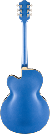 The image shows the back of an acoustic guitar with a glossy metallic blue finish. It has a classic curved body, six chrome tuning pegs in a 3+3 layout with cream-colored buttons, and cream binding along the edges. The headstock has a traditional shape, and the neck matches the body color. A small electronic input jack on the lower bout indicates it’s likely an acoustic-electric model.