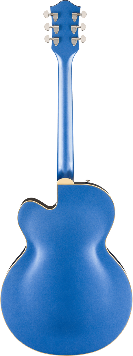 The image shows the back of an acoustic guitar with a glossy metallic blue finish. It has a classic curved body, six chrome tuning pegs in a 3+3 layout with cream-colored buttons, and cream binding along the edges. The headstock has a traditional shape, and the neck matches the body color. A small electronic input jack on the lower bout indicates it’s likely an acoustic-electric model.