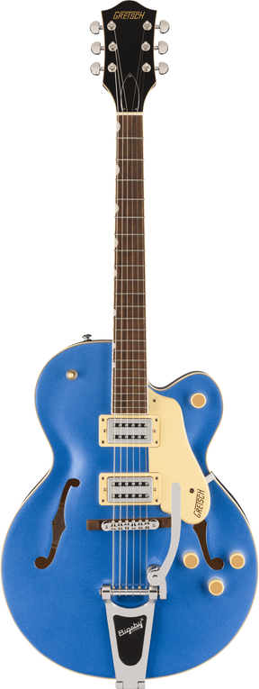 The image shows a Gretsch hollow-body electric guitar with a vibrant blue finish and cream pickguard. It features visible f-holes, dual humbucker pickups with cream rings, a Bigsby vibrato tailpiece, a bound neck with a dark wood fretboard, chrome tuning machines, and the classic Gretsch headstock and branding. This model is likely from Gretsch’s professional Electromatic or Pro line, known for rockabilly, jazz, and country music.