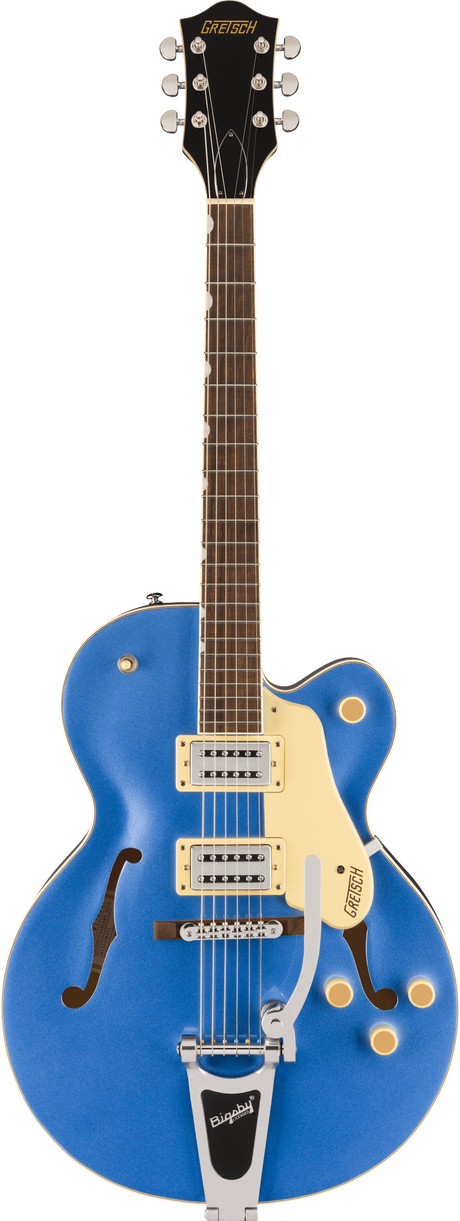 The image shows a Gretsch hollow-body electric guitar with a vibrant blue finish and cream pickguard. It features visible f-holes, dual humbucker pickups with cream rings, a Bigsby vibrato tailpiece, a bound neck with a dark wood fretboard, chrome tuning machines, and the classic Gretsch headstock and branding. This model is likely from Gretsch’s professional Electromatic or Pro line, known for rockabilly, jazz, and country music.