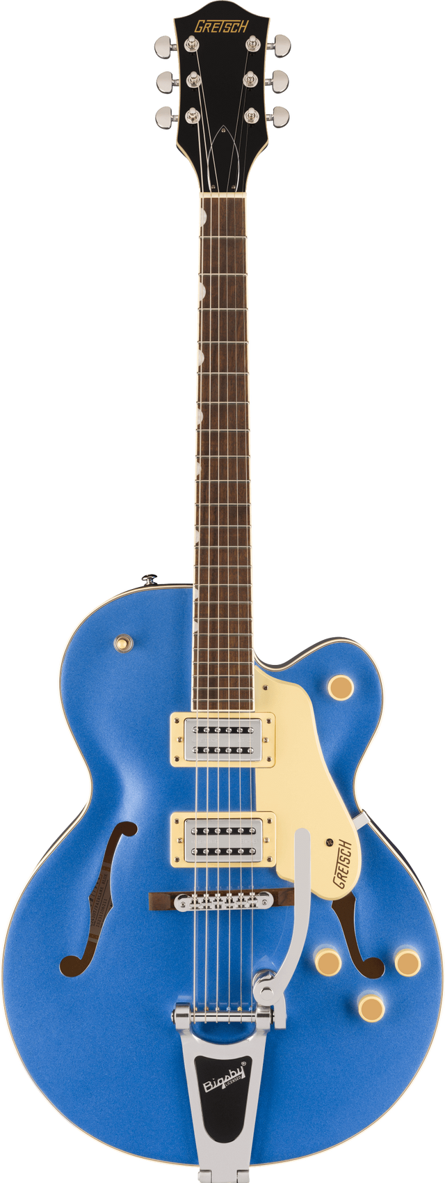 The image shows a Gretsch hollow-body electric guitar with a vibrant blue finish and cream pickguard. It features visible f-holes, dual humbucker pickups with cream rings, a Bigsby vibrato tailpiece, a bound neck with a dark wood fretboard, chrome tuning machines, and the classic Gretsch headstock and branding. This model is likely from Gretsch’s professional Electromatic or Pro line, known for rockabilly, jazz, and country music.