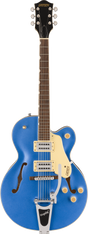 The image shows a Gretsch hollow-body electric guitar with a vibrant blue finish and cream pickguard. It features visible f-holes, dual humbucker pickups with cream rings, a Bigsby vibrato tailpiece, a bound neck with a dark wood fretboard, chrome tuning machines, and the classic Gretsch headstock and branding. This model is likely from Gretsch’s professional Electromatic or Pro line, known for rockabilly, jazz, and country music.