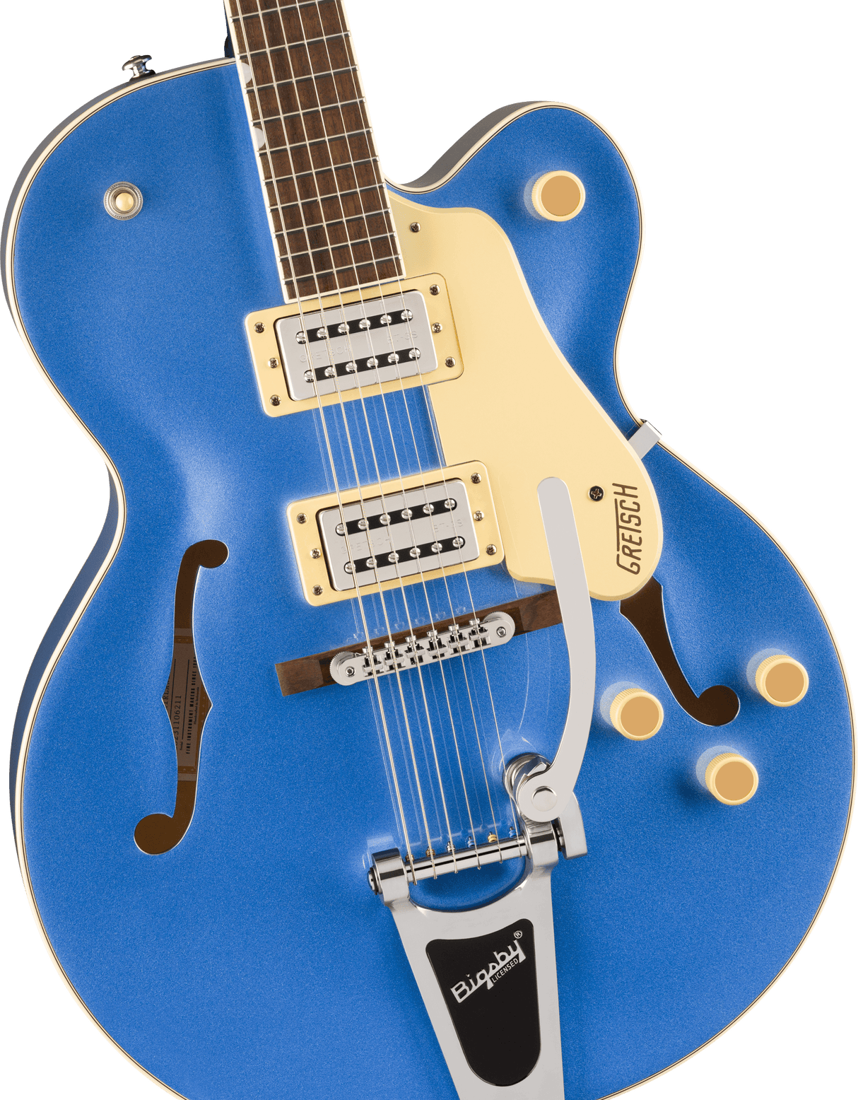 The image shows a beautiful blue hollow-body Gretsch electric guitar with a classic single-cutaway archtop design and f-holes. It features cream binding, two humbucking pickups with cream rings, chrome hardware, a Bigsby vibrato tailpiece, multiple control knobs, and an adjustable bridge. The dark rosewood fretboard has pearl block inlays. This iconic guitar is favored in jazz, rockabilly, and rock genres for its bright, articulate tone.