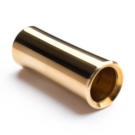 A brass guitar slide on a white background