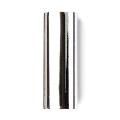 A chrome guitar slide on a white background