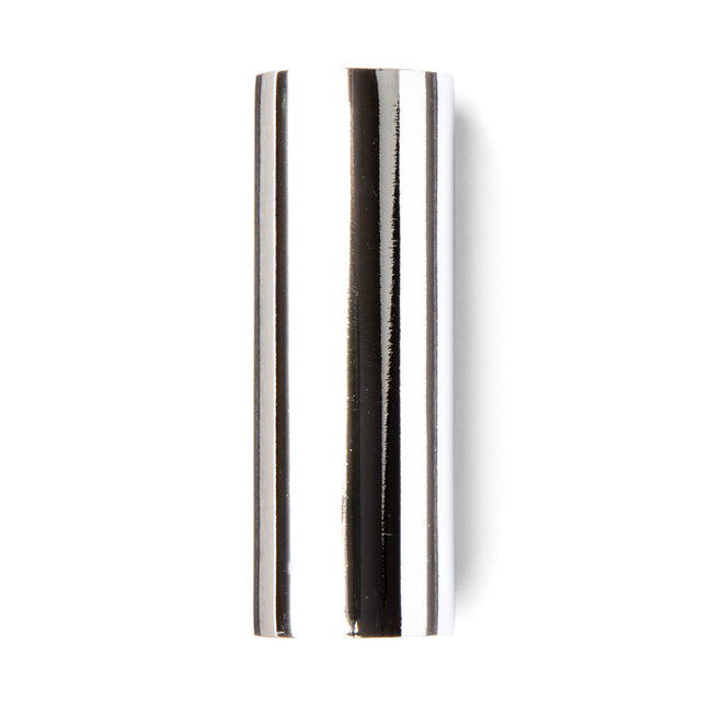 A chrome guitar slide on a white background