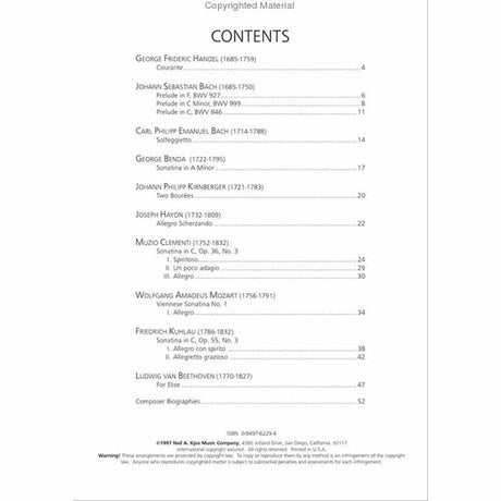 The image shows a table of contents from a classical piano sheet music collection featuring works by Baroque and Classical composers such as Handel, J.S. Bach, C.P.E. Bach, Benda, Kirnberger, Haydn, Clementi, Mozart, Kuhlau, and Beethoven. Pieces include preludes, sonatinas, and famous works like Für Elise. The collection, published by Neil A. Kjos Music Company, is designed for piano students and teachers.