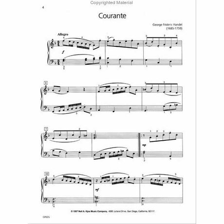 The image shows sheet music for "Courante" by George Frideric Handel, marked Allegro in 3/4 time and key of F major. It features grand staff notation with dynamics, fingering, and phrasing slurs. There are four systems with measure numbers (4, 7, 10). A 1997 copyright from Neil A. Kjos Music Company and reference "GP605" appear at the bottom. This pedagogical edition is arranged for intermediate piano students.