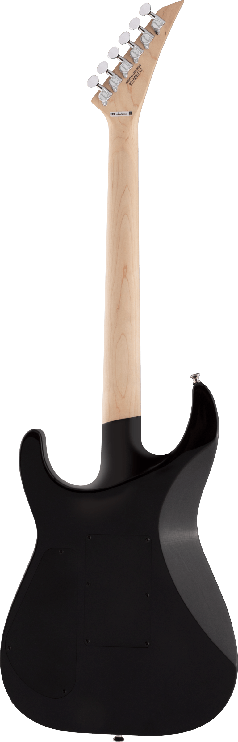 The image shows the back of a sleek black Jackson electric guitar with a double-cutaway body. It features a natural maple neck with a smooth finish and an angled headstock bearing the "JACKSON" logo. Six chrome tuning pegs are arranged in a straight line on one side. Known for fast necks and aggressive design, this guitar suits rock and metal players, combining visual appeal with bright, sustaining tone from the maple neck.