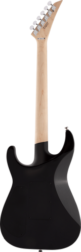 The image shows the back of a sleek black Jackson electric guitar with a double-cutaway body. It features a natural maple neck with a smooth finish and an angled headstock bearing the "JACKSON" logo. Six chrome tuning pegs are arranged in a straight line on one side. Known for fast necks and aggressive design, this guitar suits rock and metal players, combining visual appeal with bright, sustaining tone from the maple neck.