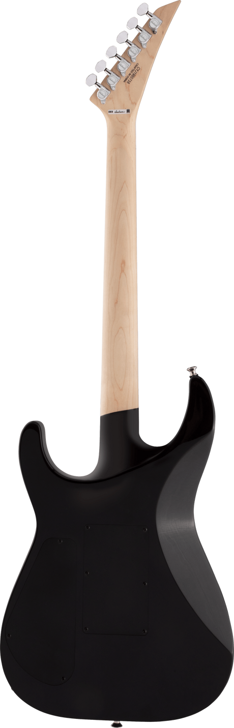 The image shows the back of a sleek black Jackson electric guitar with a double-cutaway body. It features a natural maple neck with a smooth finish and an angled headstock bearing the "JACKSON" logo. Six chrome tuning pegs are arranged in a straight line on one side. Known for fast necks and aggressive design, this guitar suits rock and metal players, combining visual appeal with bright, sustaining tone from the maple neck.