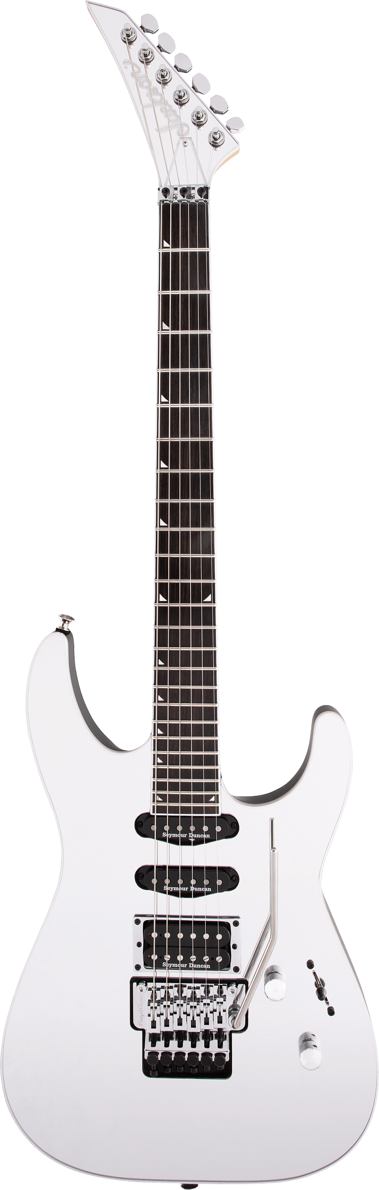 The image shows a modern solid-body electric guitar with a white finish and contoured shape. It features chrome hardware, a Floyd Rose-style locking tremolo, two black humbucking pickups, a standard pickup selector, volume and tone controls, and a locking nut. The angular headstock has six inline chrome tuners, and the dark fretboard includes dot inlays, designed for high-performance rock or metal playing.