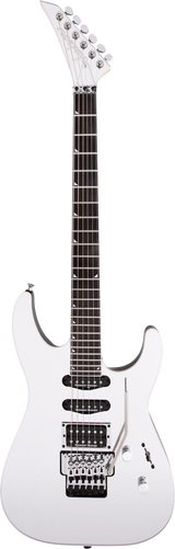 The image shows a modern solid-body electric guitar with a white finish and contoured shape. It features chrome hardware, a Floyd Rose-style locking tremolo, two black humbucking pickups, a standard pickup selector, volume and tone controls, and a locking nut. The angular headstock has six inline chrome tuners, and the dark fretboard includes dot inlays, designed for high-performance rock or metal playing.