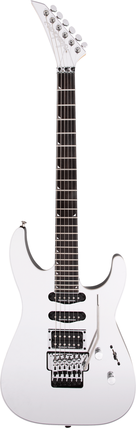 The image shows a modern solid-body electric guitar with a white finish and contoured shape. It features chrome hardware, a Floyd Rose-style locking tremolo, two black humbucking pickups, a standard pickup selector, volume and tone controls, and a locking nut. The angular headstock has six inline chrome tuners, and the dark fretboard includes dot inlays, designed for high-performance rock or metal playing.