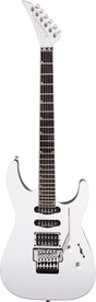 The image shows a modern solid-body electric guitar with a white finish and contoured shape. It features chrome hardware, a Floyd Rose-style locking tremolo, two black humbucking pickups, a standard pickup selector, volume and tone controls, and a locking nut. The angular headstock has six inline chrome tuners, and the dark fretboard includes dot inlays, designed for high-performance rock or metal playing.