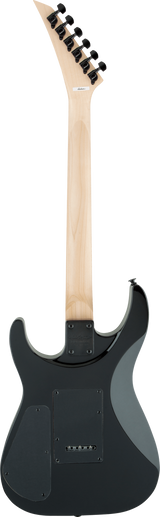 The image shows the back of a solid-body electric guitar with a light-colored wooden neck and six black tuning pegs. It has a dark, double-cutaway body, a neck plate, and a tremolo bridge system. Multiple screws on the back plate suggest electronics access. The design resembles contemporary models like a Stratocaster, combining a light wood neck with a dark body for a classic look.