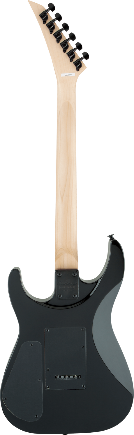 The image shows the back of a solid-body electric guitar with a light-colored wooden neck and six black tuning pegs. It has a dark, double-cutaway body, a neck plate, and a tremolo bridge system. Multiple screws on the back plate suggest electronics access. The design resembles contemporary models like a Stratocaster, combining a light wood neck with a dark body for a classic look.