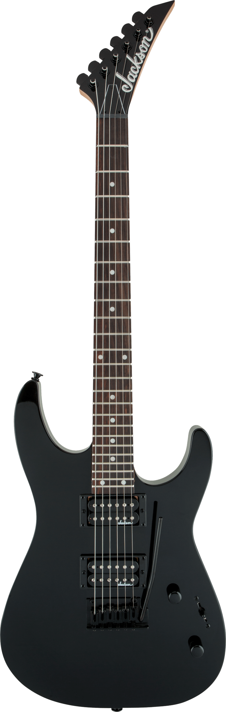 The image shows a Jackson electric guitar with a matte black superstrat-style body, two black humbucker pickups, and black hardware. It features the distinctive pointed Jackson headstock with logo, a dark fretboard with standard inlays, and six strings with black tuning pegs. This model combines aggressive styling and high-output electronics, typical of Jackson's affordable line, ideal for rock and metal genres.