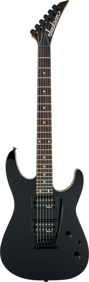 The image shows a Jackson electric guitar with a matte black superstrat-style body, two black humbucker pickups, and black hardware. It features the distinctive pointed Jackson headstock with logo, a dark fretboard with standard inlays, and six strings with black tuning pegs. This model combines aggressive styling and high-output electronics, typical of Jackson's affordable line, ideal for rock and metal genres.