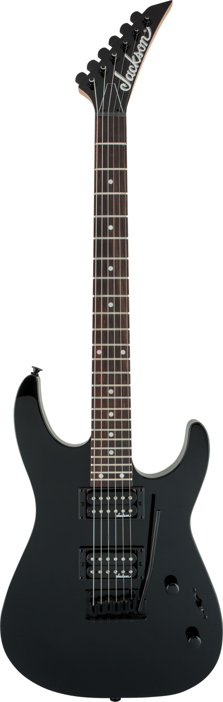 The image shows a Jackson electric guitar with a matte black superstrat-style body, two black humbucker pickups, and black hardware. It features the distinctive pointed Jackson headstock with logo, a dark fretboard with standard inlays, and six strings with black tuning pegs. This model combines aggressive styling and high-output electronics, typical of Jackson's affordable line, ideal for rock and metal genres.