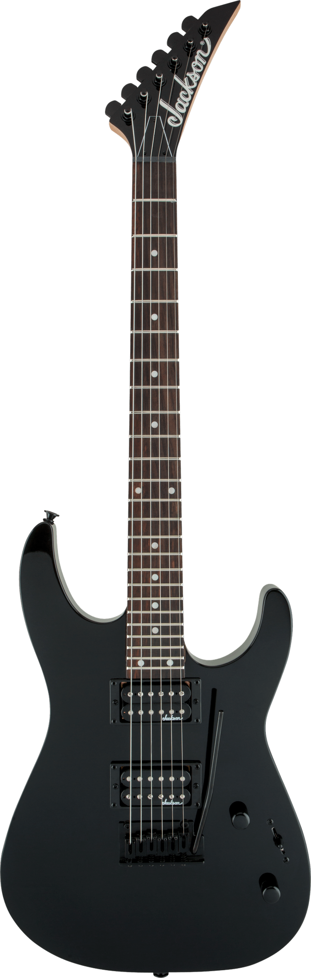 The image shows a Jackson electric guitar with a matte black superstrat-style body, two black humbucker pickups, and black hardware. It features the distinctive pointed Jackson headstock with logo, a dark fretboard with standard inlays, and six strings with black tuning pegs. This model combines aggressive styling and high-output electronics, typical of Jackson's affordable line, ideal for rock and metal genres.