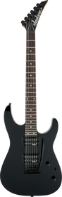 The image shows a Jackson electric guitar with a matte black superstrat-style body, two black humbucker pickups, and black hardware. It features the distinctive pointed Jackson headstock with logo, a dark fretboard with standard inlays, and six strings with black tuning pegs. This model combines aggressive styling and high-output electronics, typical of Jackson's affordable line, ideal for rock and metal genres.