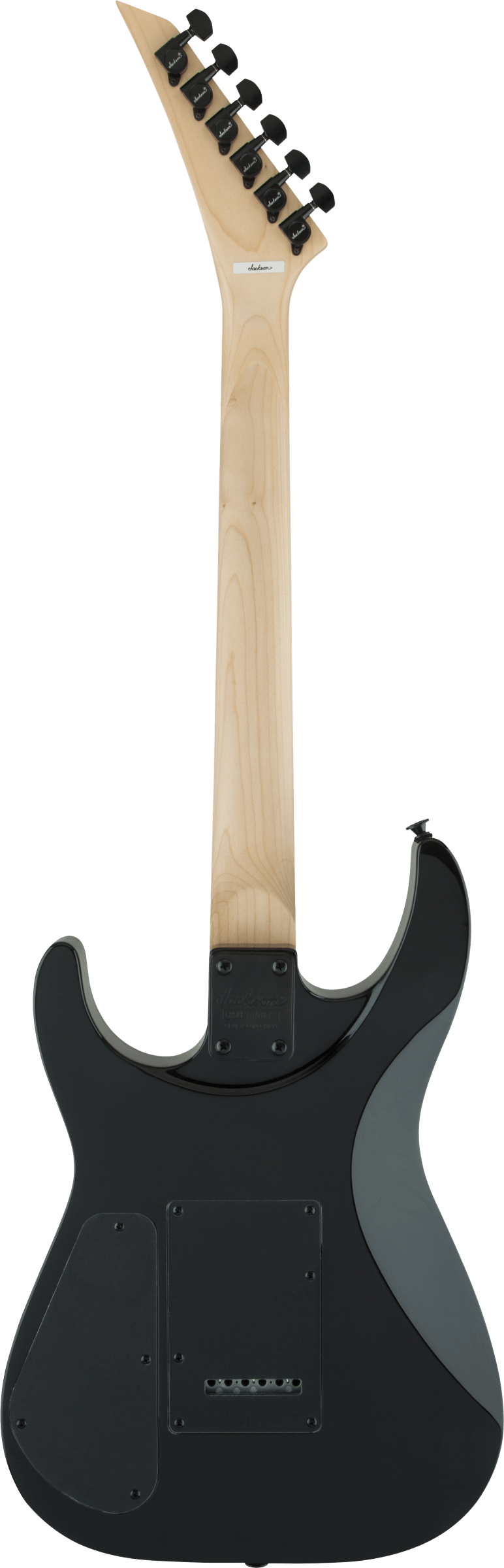 The image shows the back of a sleek black electric guitar with a natural light wood neck, likely maple. It features six black tuning pegs on the headstock and a bolt-on neck joint. The body has routed cavities for electronics and several visible screws on the backplate. The design is modern and minimalist, highlighting a two-tone contrast. The solid-body guitar is suited for rock or metal, with a partially visible brand on the headstock.