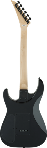 The image shows the back of a sleek black electric guitar with a natural light wood neck, likely maple. It features six black tuning pegs on the headstock and a bolt-on neck joint. The body has routed cavities for electronics and several visible screws on the backplate. The design is modern and minimalist, highlighting a two-tone contrast. The solid-body guitar is suited for rock or metal, with a partially visible brand on the headstock.