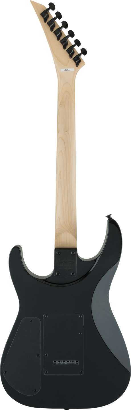 The image shows the back of a sleek black electric guitar with a natural light wood neck, likely maple. It features six black tuning pegs on the headstock and a bolt-on neck joint. The body has routed cavities for electronics and several visible screws on the backplate. The design is modern and minimalist, highlighting a two-tone contrast. The solid-body guitar is suited for rock or metal, with a partially visible brand on the headstock.