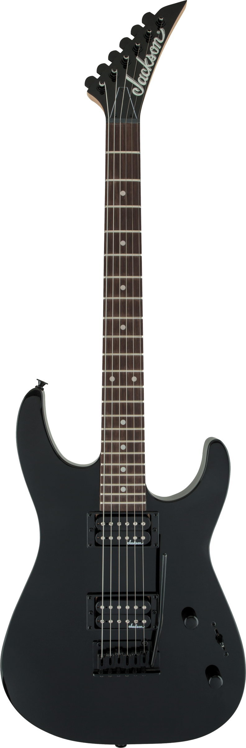 The image shows a matte black Jackson electric guitar with a solid double-cutaway body and sharp angular horns. It features two humbucker pickups with black rings, black hardware, a dark rosewood or ebony fretboard with dot inlays, and Jackson’s signature pointed headstock with six-in-line tuners. Volume and tone controls are visible. This modern, sleek guitar is designed for metal and rock playing styles.