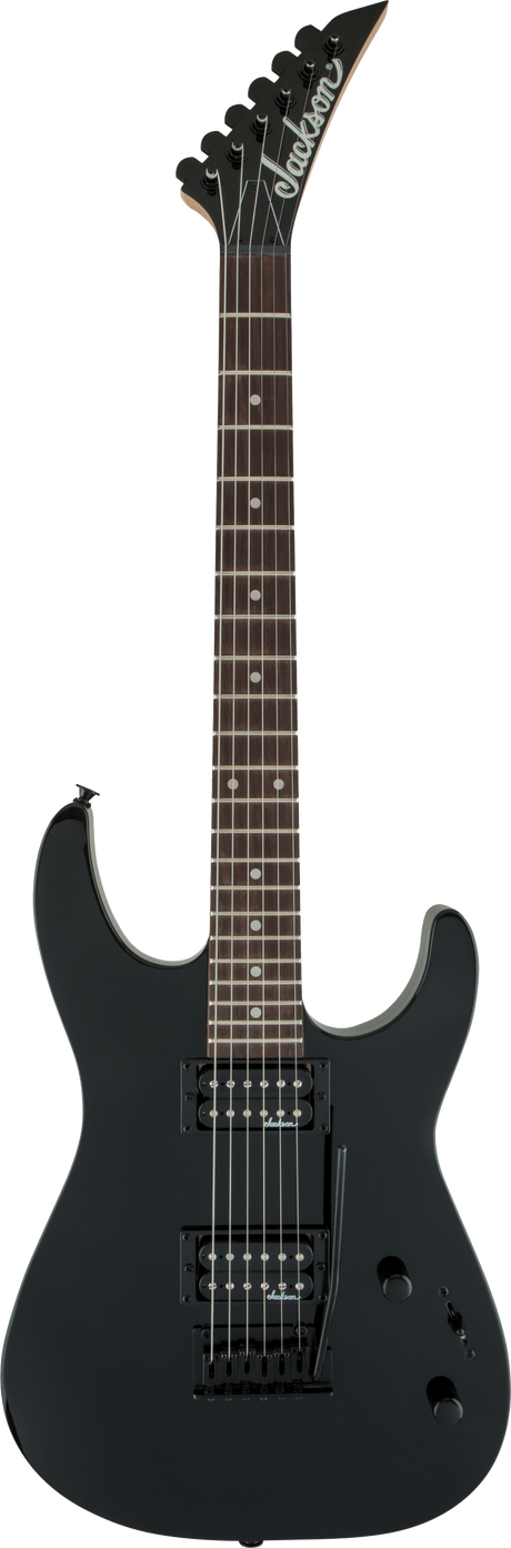 The image shows a matte black Jackson electric guitar with a solid double-cutaway body and sharp angular horns. It features two humbucker pickups with black rings, black hardware, a dark rosewood or ebony fretboard with dot inlays, and Jackson’s signature pointed headstock with six-in-line tuners. Volume and tone controls are visible. This modern, sleek guitar is designed for metal and rock playing styles.