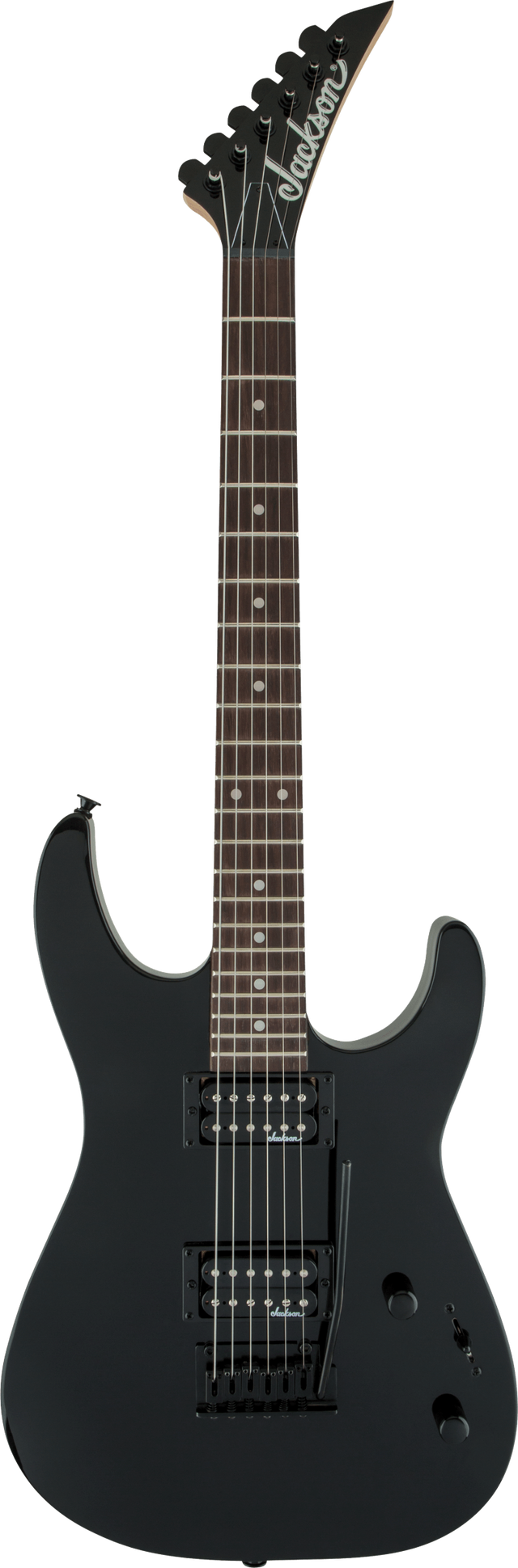 The image shows a matte black Jackson electric guitar with a solid double-cutaway body and sharp angular horns. It features two humbucker pickups with black rings, black hardware, a dark rosewood or ebony fretboard with dot inlays, and Jackson’s signature pointed headstock with six-in-line tuners. Volume and tone controls are visible. This modern, sleek guitar is designed for metal and rock playing styles.