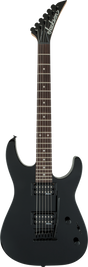 The image shows a matte black Jackson electric guitar with a solid double-cutaway body and sharp angular horns. It features two humbucker pickups with black rings, black hardware, a dark rosewood or ebony fretboard with dot inlays, and Jackson’s signature pointed headstock with six-in-line tuners. Volume and tone controls are visible. This modern, sleek guitar is designed for metal and rock playing styles.
