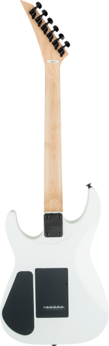 The image shows a solid-body electric guitar with a white/cream finish and a natural maple neck. It features a bolt-on neck with a black neck plate, black tuning pegs on an angled headstock, and black control cavity covers on the back. The body has a sleek, modern shape with curved cutaways. The guitar is photographed against a white background, showcasing a clean, minimalist design typical of affordable to mid-range models.