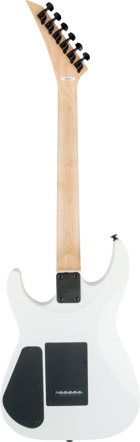 The image shows a solid-body electric guitar with a white/cream finish and a natural maple neck. It features a bolt-on neck with a black neck plate, black tuning pegs on an angled headstock, and black control cavity covers on the back. The body has a sleek, modern shape with curved cutaways. The guitar is photographed against a white background, showcasing a clean, minimalist design typical of affordable to mid-range models.