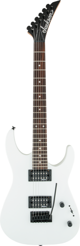The image shows a white/cream Jackson electric guitar with a black pointed headstock featuring the Jackson logo. It has a dark wood fretboard with dot inlays, six black tuning pegs in a row, two black humbucker pickups, and a black Floyd Rose-style locking tremolo bridge. The solid-body is a superstrat shape, likely a Soloist model, designed for rock and metal with all-black hardware and an aggressive style.