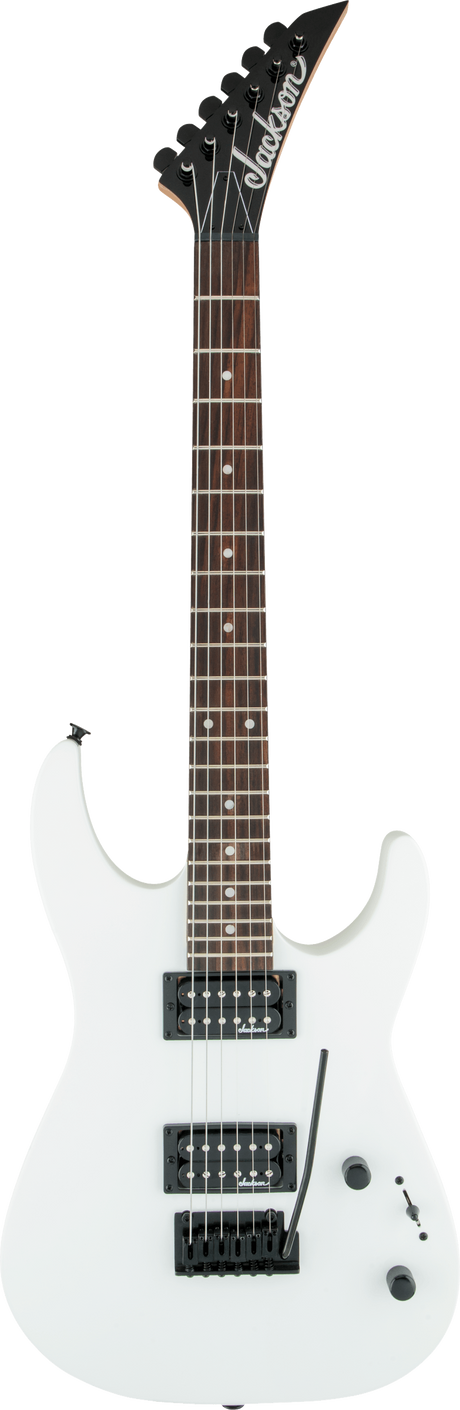 The image shows a white/cream Jackson electric guitar with a black pointed headstock featuring the Jackson logo. It has a dark wood fretboard with dot inlays, six black tuning pegs in a row, two black humbucker pickups, and a black Floyd Rose-style locking tremolo bridge. The solid-body is a superstrat shape, likely a Soloist model, designed for rock and metal with all-black hardware and an aggressive style.
