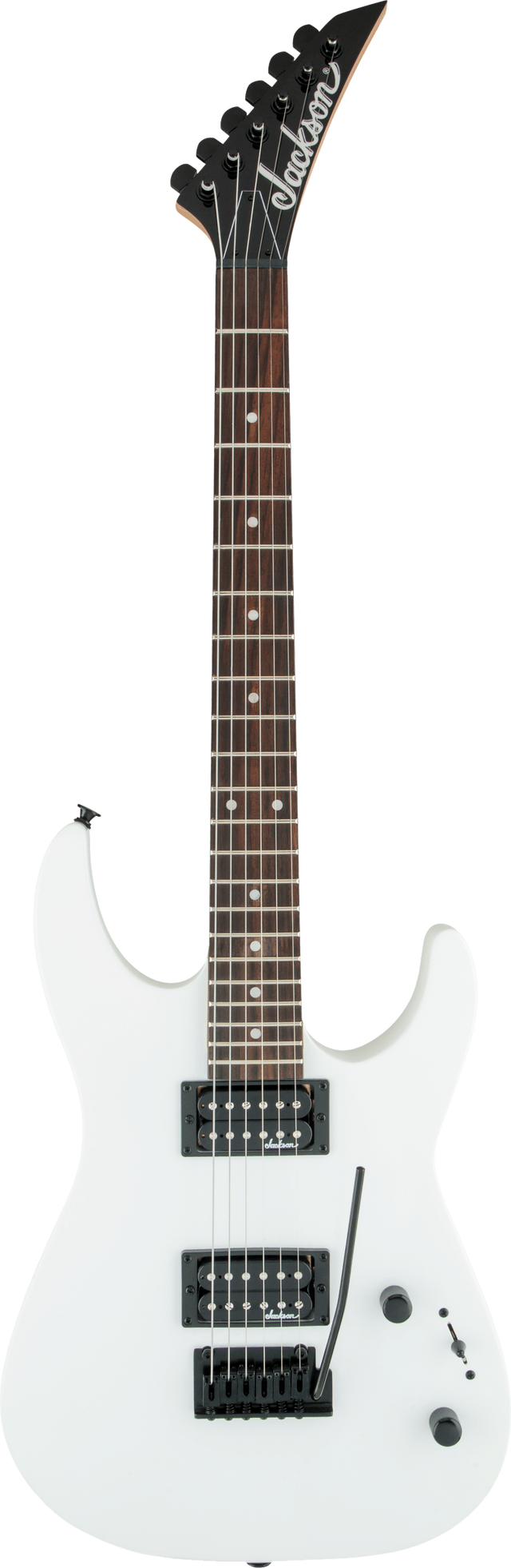 The image shows a white/cream Jackson electric guitar with a black pointed headstock featuring the Jackson logo. It has a dark wood fretboard with dot inlays, six black tuning pegs in a row, two black humbucker pickups, and a black Floyd Rose-style locking tremolo bridge. The solid-body is a superstrat shape, likely a Soloist model, designed for rock and metal with all-black hardware and an aggressive style.