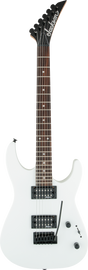 The image shows a white/cream Jackson electric guitar with a black pointed headstock featuring the Jackson logo. It has a dark wood fretboard with dot inlays, six black tuning pegs in a row, two black humbucker pickups, and a black Floyd Rose-style locking tremolo bridge. The solid-body is a superstrat shape, likely a Soloist model, designed for rock and metal with all-black hardware and an aggressive style.